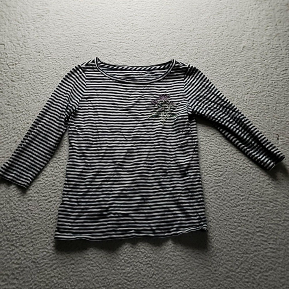 Talbots Shirt Womens SP Petite Blue Boat Neck 3/4 Sleeve Beaded Floral Top